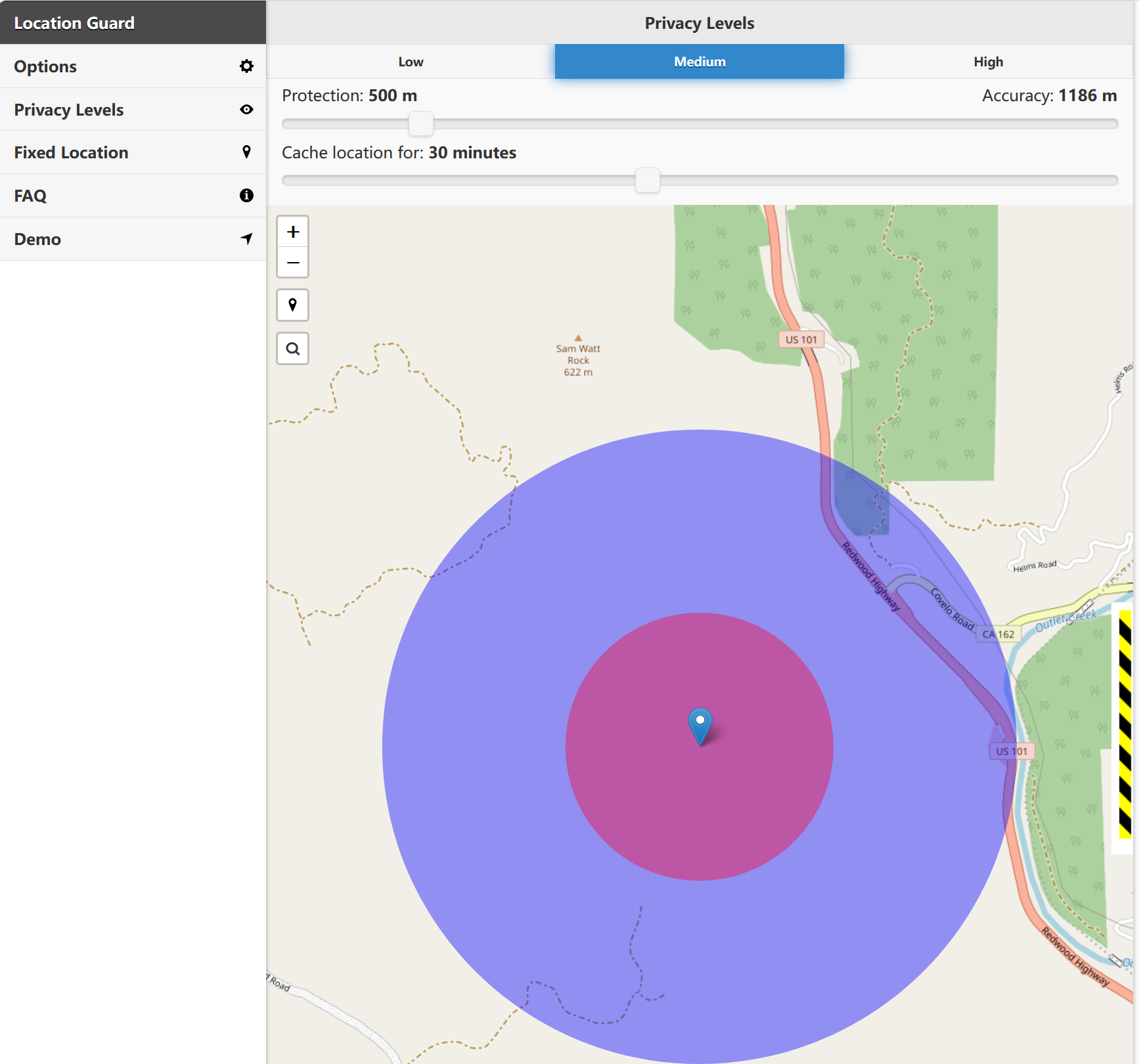 Location Guard privacy level settings showing Low, Medium, and High noise options